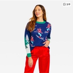 33 Degrees Women's XL Blue Green Alpine Skier Graphic Christmas Sweater